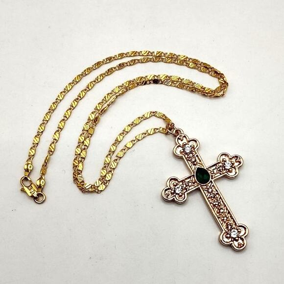 18k Gold Plated Necklace w/ Spanish Style Cross Pendant Christian Catholic Gift - Picture 2 of 6